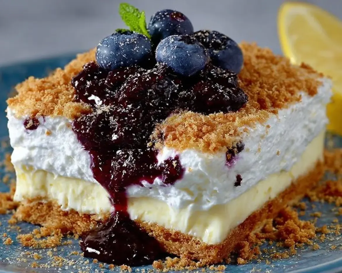 No bake lemon blueberry dessert topped with fresh blueberries and lemon zest.