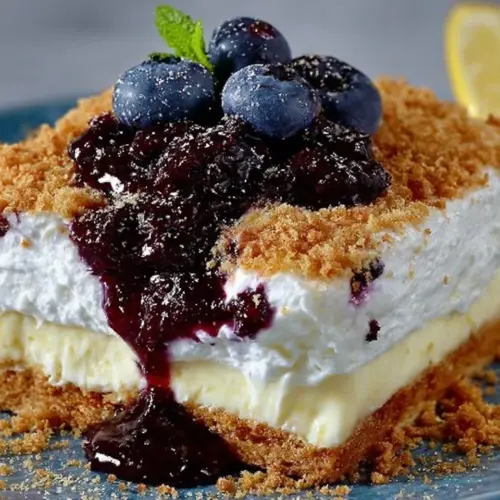No bake lemon blueberry dessert topped with fresh blueberries and lemon zest.