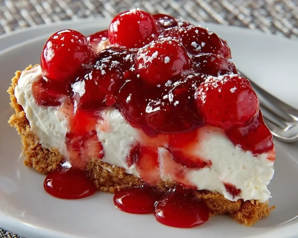 Delicious no-bake strawberry cheesecake topped with fresh strawberries