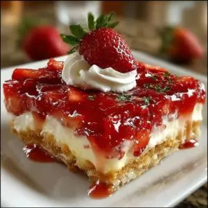 No-bake strawberry jello lasagna dessert with creamy layers and fresh strawberries