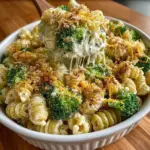 Delicious no-boil broccoli pasta bake in a casserole dish