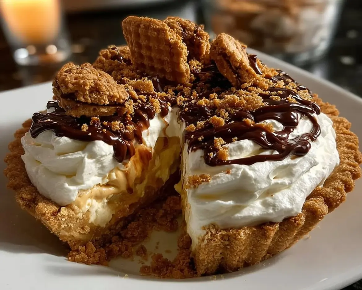 Delicious homemade Nutter Butter Pie topped with whipped cream and Nutter Butter cookies.