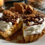 Delicious homemade Nutter Butter Pie topped with whipped cream and Nutter Butter cookies.