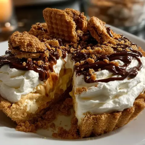 Delicious homemade Nutter Butter Pie topped with whipped cream and Nutter Butter cookies.