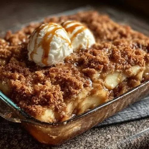 Delicious old fashioned apple crisp with a crunchy oat topping