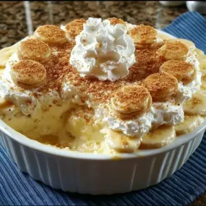 Delicious old fashioned banana pudding served in a glass dish with bananas on top