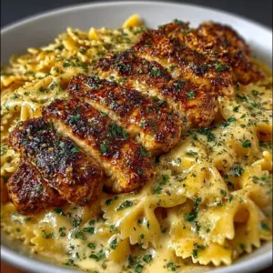 One Pan Creamy Garlic Chicken served with Cheesy Bowtie Pasta recipe