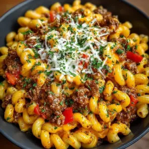 One Pot Cajun Beef and Cheddar Pasta served in a bowl with fresh herbs.
