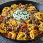 One-Pot Cheesy Enchilada Tortellini with Beef on a plate