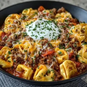 One-Pot Cheesy Enchilada Tortellini with Beef on a plate