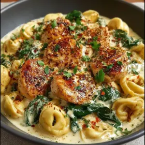 One pot creamy parmesan chicken tortellini ready to serve for dinner