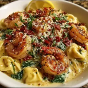 One Pot Shrimp and Creamy Garlic Tortellini dish