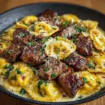Delicious One-Skillet Garlic Butter Steak served with Cheese Ravioli
