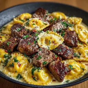 Delicious One-Skillet Garlic Butter Steak served with Cheese Ravioli