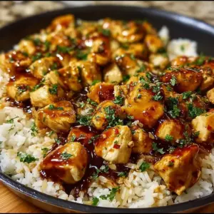 One-Skillet Honey BBQ Chicken and Rice served in a pan with garnishes