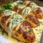 Oven-baked Caesar chicken topped with rich Parmesan sauce on a plate