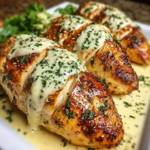 Oven-baked Caesar chicken topped with rich Parmesan sauce on a plate