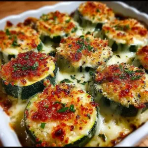 Oven-baked zucchini and cheese in a casserole dish with a golden crust.