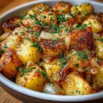 Crispy oven fried potatoes and onions served as a delicious side dish