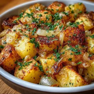 Crispy oven fried potatoes and onions served as a delicious side dish