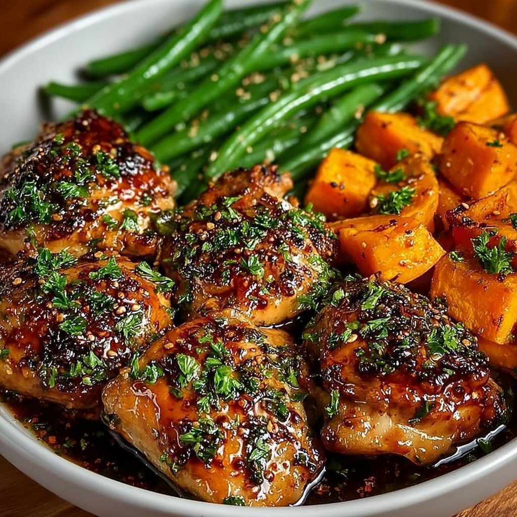 Honey Garlic Chicken with Sweet Potatoes and Green Beans