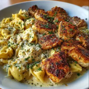 Delicious Parmesan Cajun Chicken Tortellini in creamy Alfredo sauce.