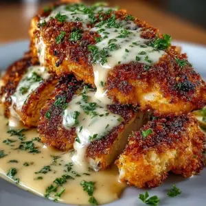 Delicious Parmesan Crusted Chicken served with creamy garlic sauce