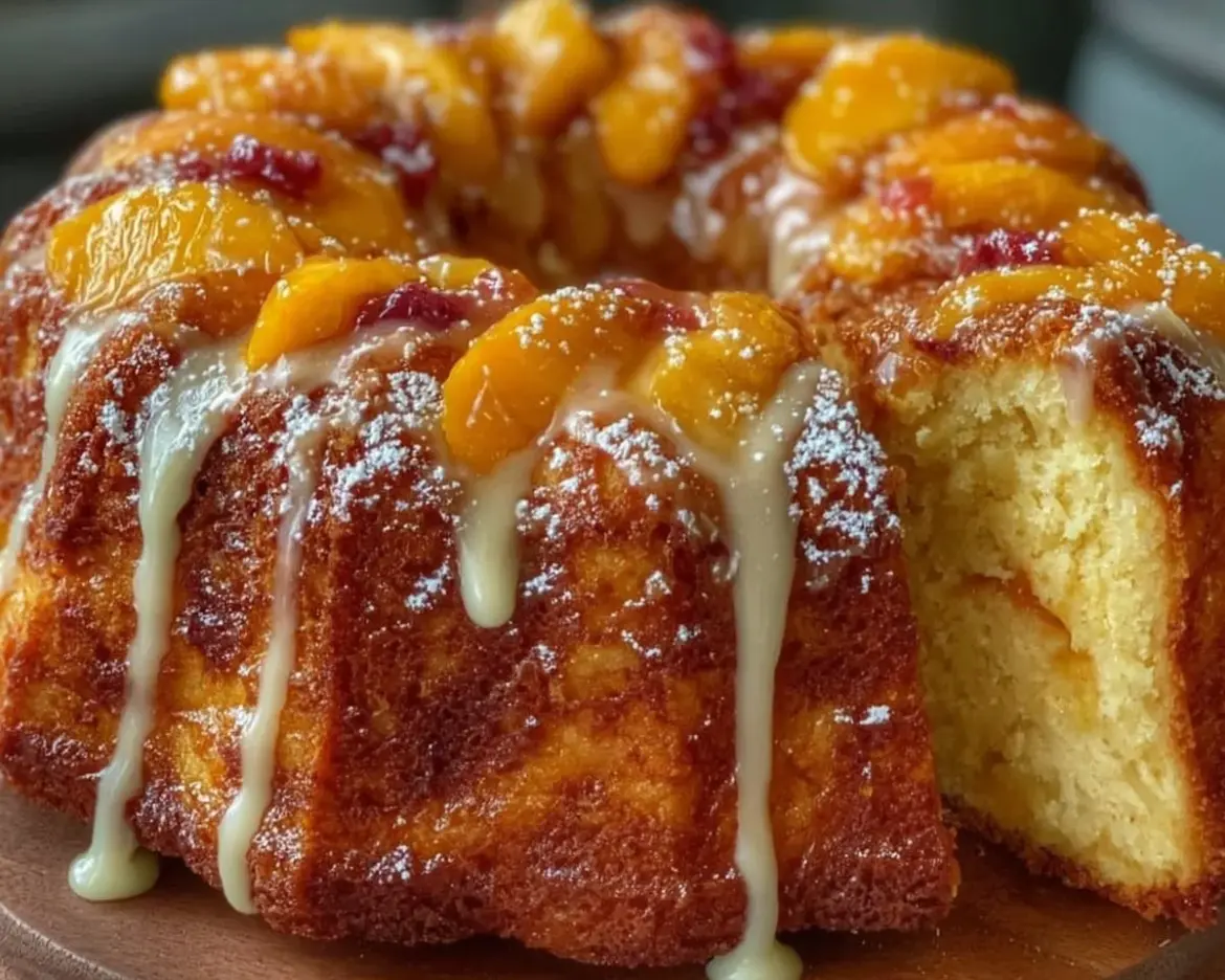 Deliciously moist Peach Bundt Cake with fresh peaches and a sweet glaze
