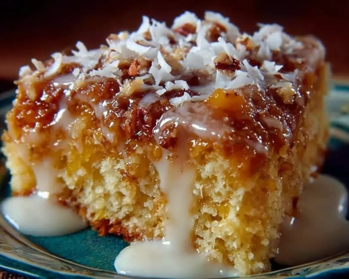 Peach Cake topped with coconut frosting on a decorative plate
