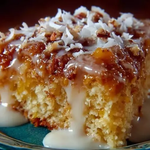 Peach Cake topped with coconut frosting on a decorative plate