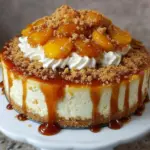 Slice of Peach Cobbler Cheesecake topped with fresh peaches and cobbler crust
