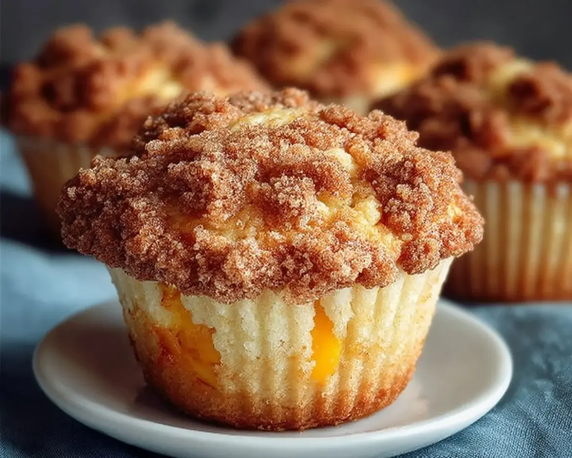 Delicious peach cobbler muffins topped with crumble and fresh peaches