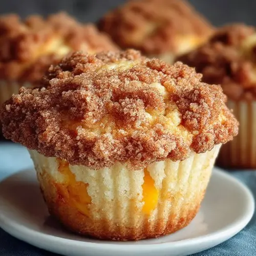 Delicious peach cobbler muffins topped with crumble and fresh peaches
