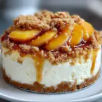 Delicious Peach Cream Cheesecake Crumble topped with crumbly texture and fresh peach slices.