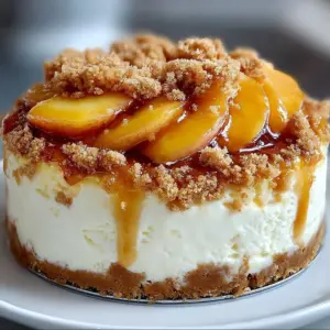 Delicious Peach Cream Cheesecake Crumble topped with crumbly texture and fresh peach slices.