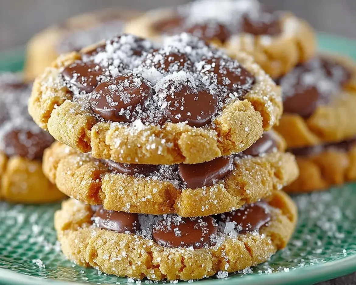 Freshly baked Peanut Butter Chocolate Chip Cookies stacked on a plate