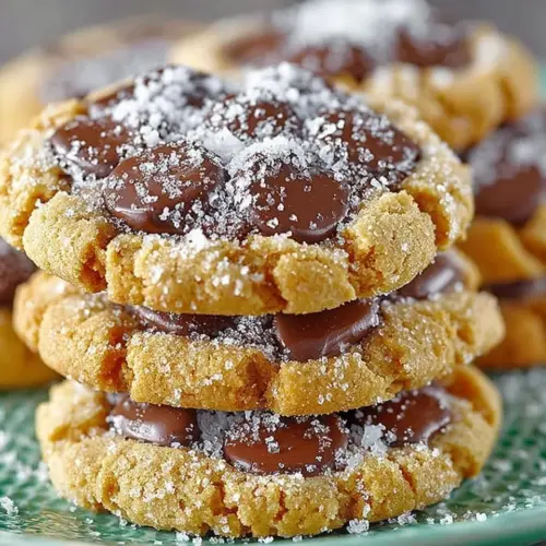 Freshly baked Peanut Butter Chocolate Chip Cookies stacked on a plate