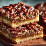 Decadent pecan cake bars topped with nuts and frosting on a rustic platter