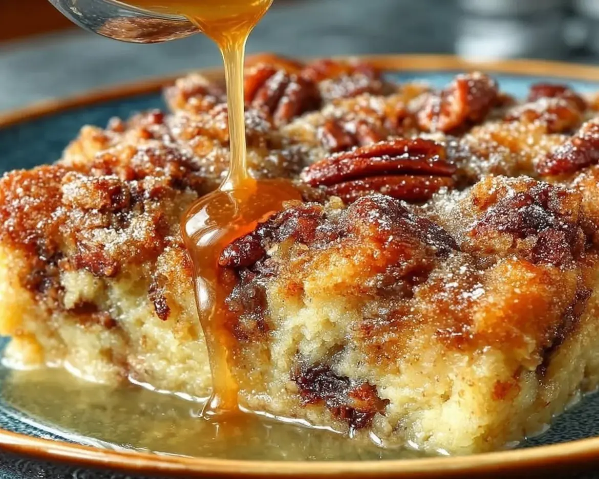 Delicious pecan pie bread pudding without crust, served in a dessert dish.