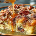 Delicious pecan pie bread pudding without crust, served in a dessert dish.