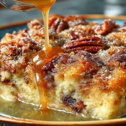 Delicious pecan pie bread pudding without crust, served in a dessert dish.