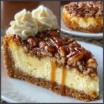 Slice of pecan pie cheesecake with caramel drizzle and pecans on top