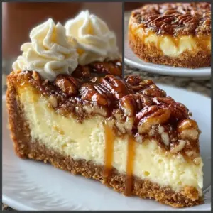 Slice of pecan pie cheesecake with caramel drizzle and pecans on top