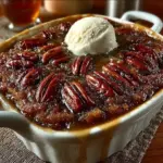 Deliciously baked Pecan Pie Cobbler served in a rustic dish
