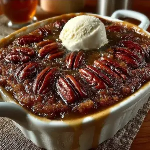 Deliciously baked Pecan Pie Cobbler served in a rustic dish