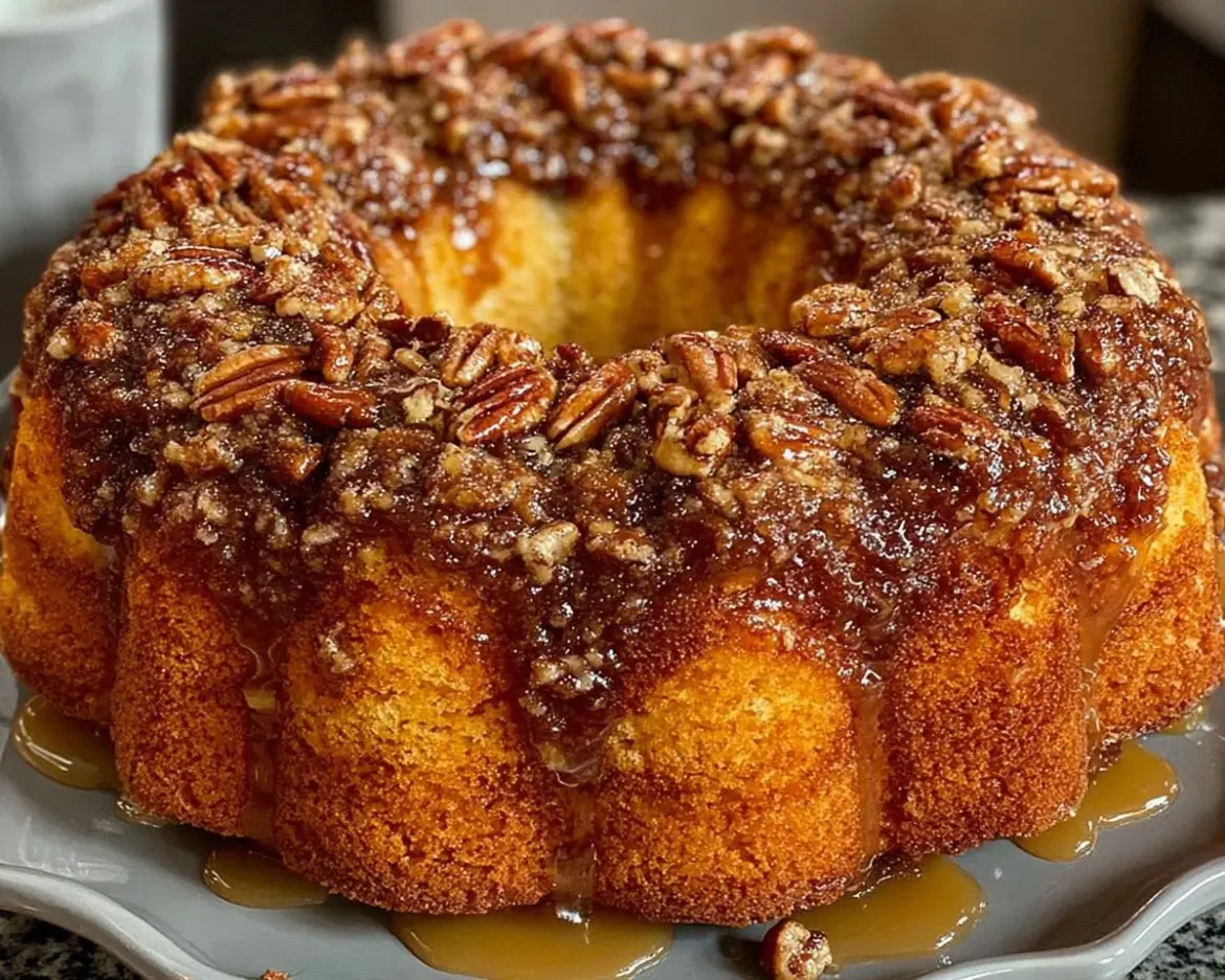 Pecan Upside Down Bundt Cake topped with caramel and pecans