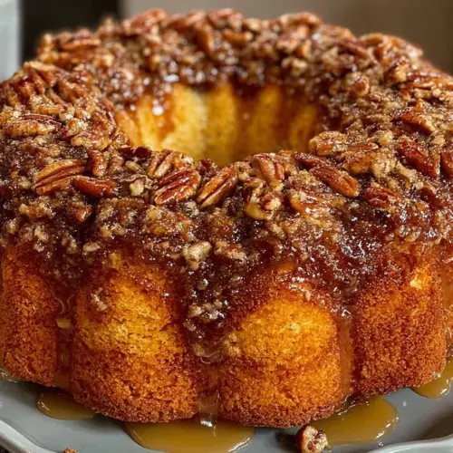 Pecan Upside Down Bundt Cake topped with caramel and pecans