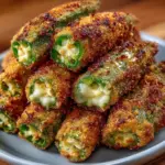 Pepper Jack Cheese Stuffed Fried Okra on a plate garnished with herbs