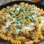 Philly Cheesesteak Pasta Skillet with peppers, onions, and melted cheese