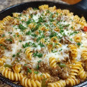 Philly Cheesesteak Pasta Skillet with peppers, onions, and melted cheese